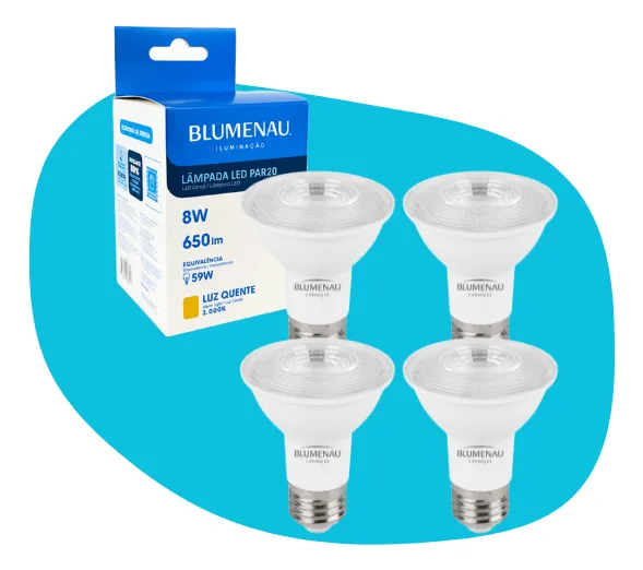 Kit com 4 Lâmpada Led Par20 E27 8w Branco-frio 6500k Blumenau
