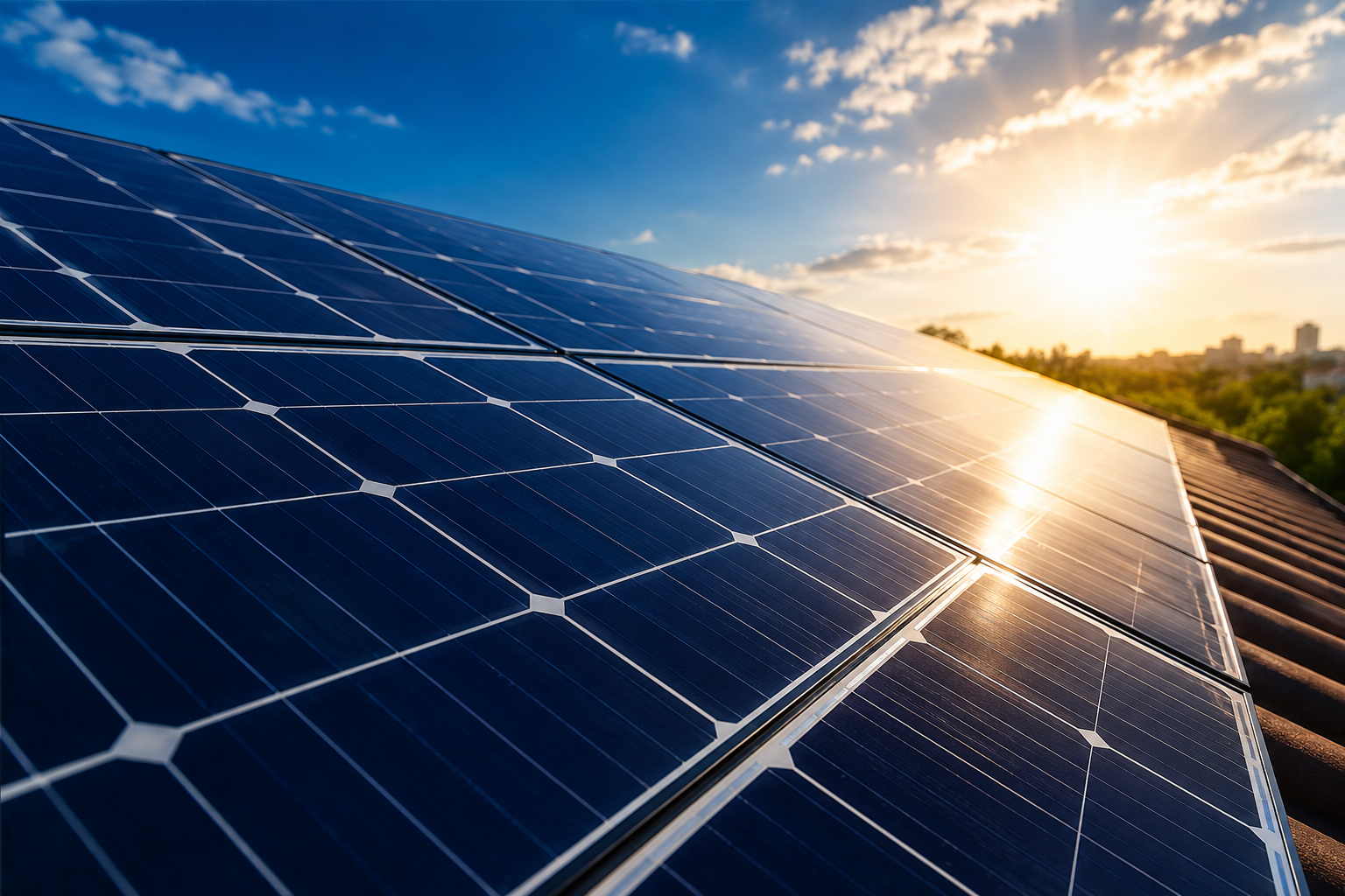 Vários painéis solares alinhados e apontados para o céu com sol irradiante no fundo
