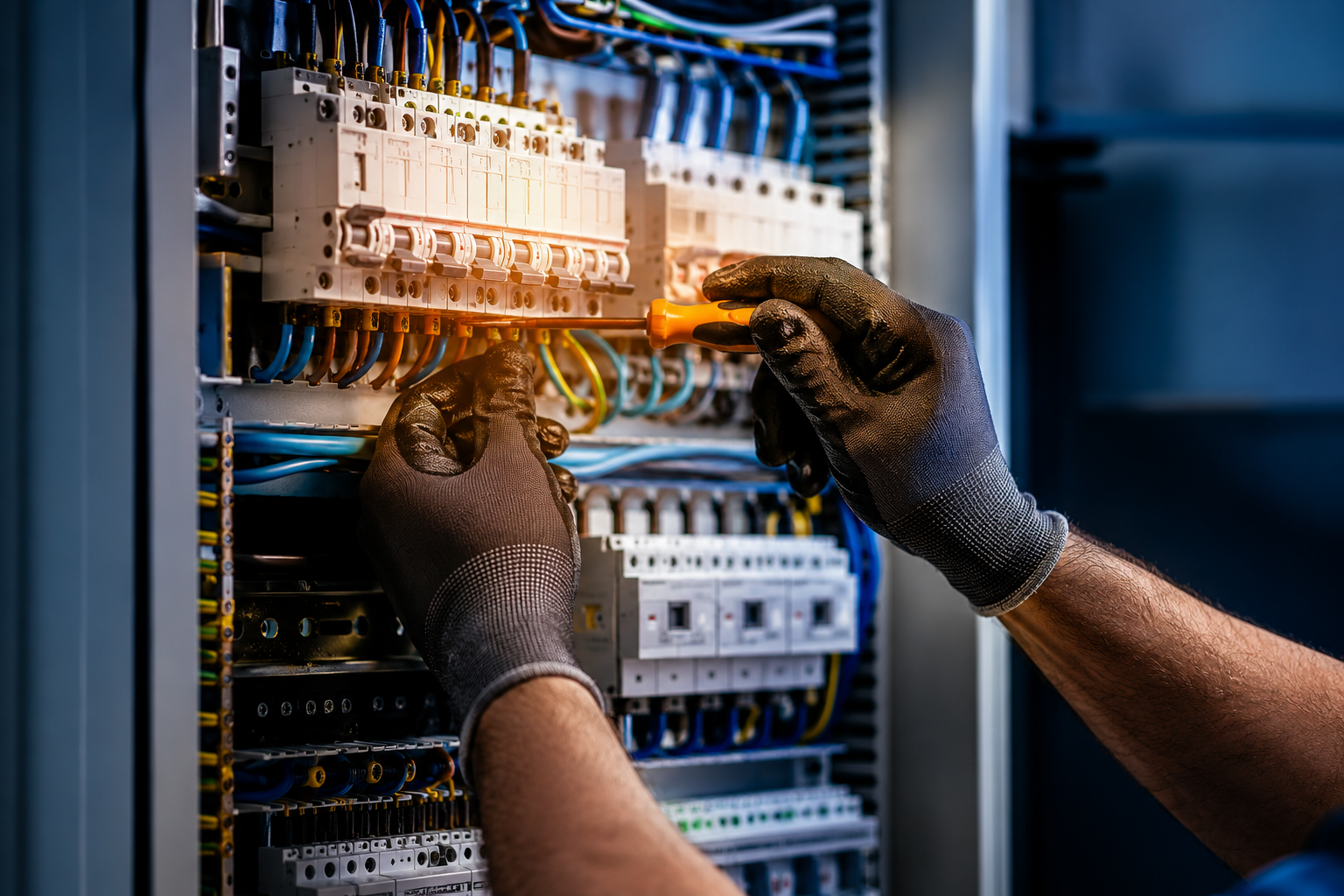 Imagem profissional de um técnico eletricista realizando manutenção e instalação em um quadro de distribuição elétrica. A cena destaca componentes elé