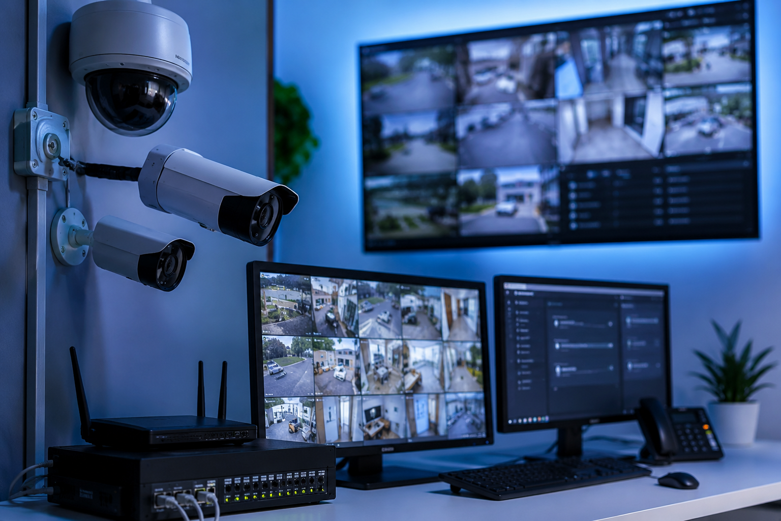 Sistema profissional de monitoramento e segurança eletrônica composto por câmeras de vigilância, gravador digital (DVR/NVR), rede de comunicação e cen
